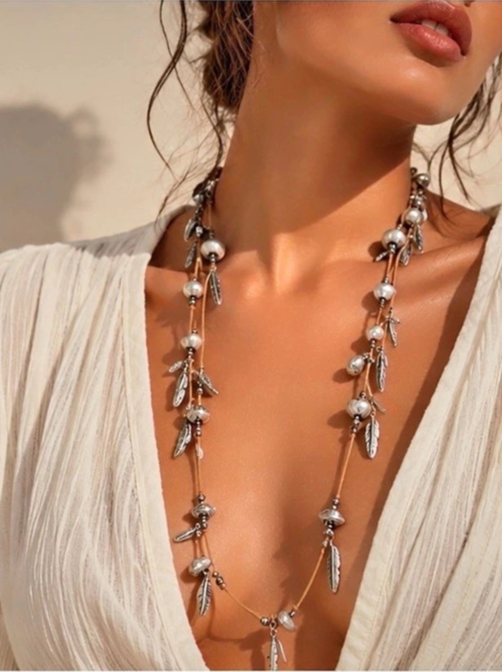 Multi Layer Feather Bead Choker Necklace - Picture 2 of 5
